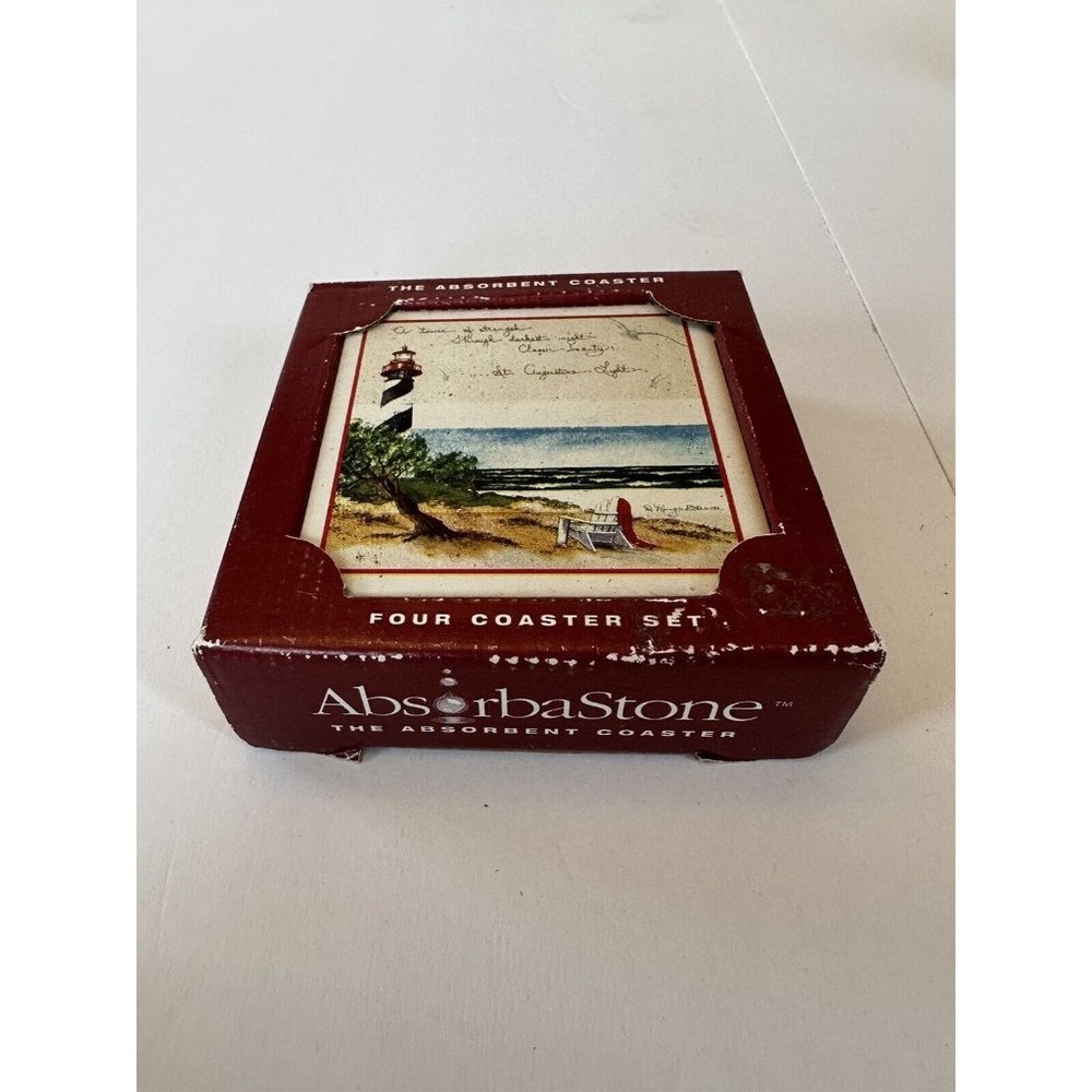 ABSORBASTONE LOT (4) Stone Sea with Lighthouse on Beach with Cork Backed Coaster